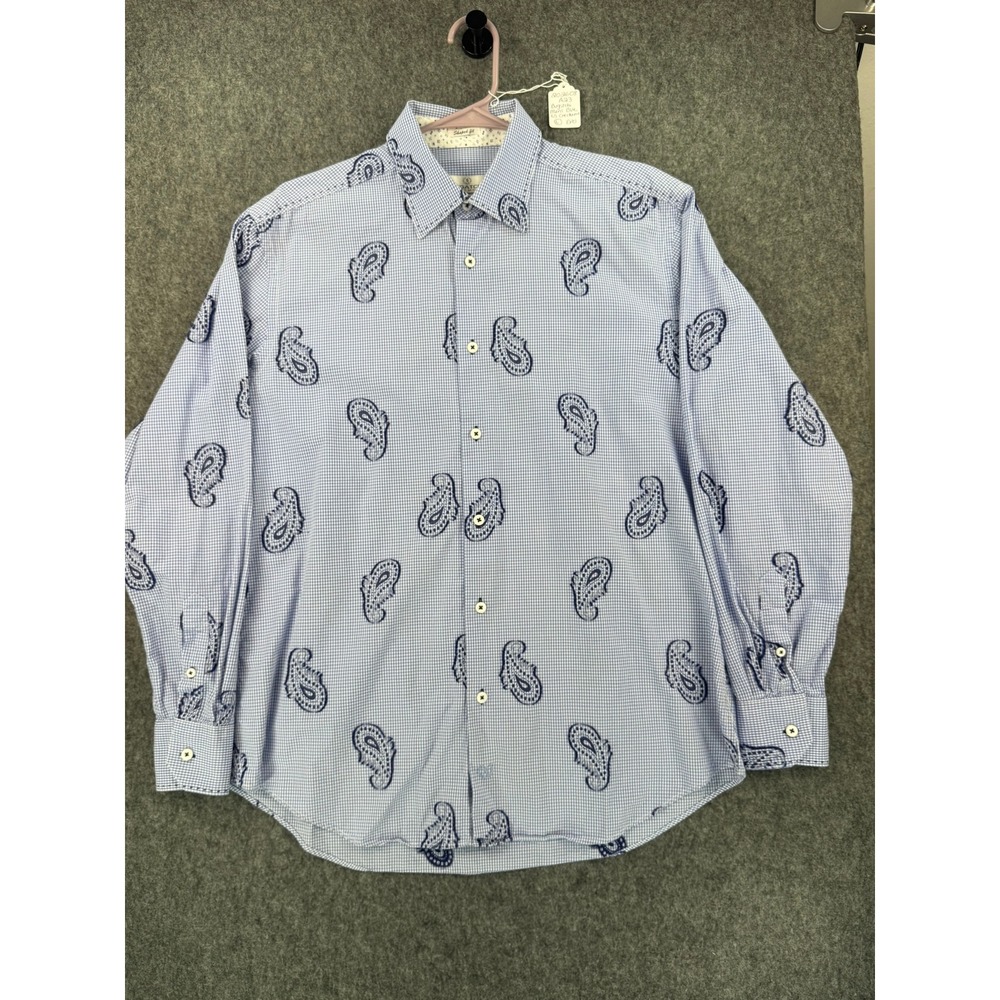 Bugatchi Uomo Mens Large Blue Gingham Paisley Embroidered Shaped Fit Shirt L